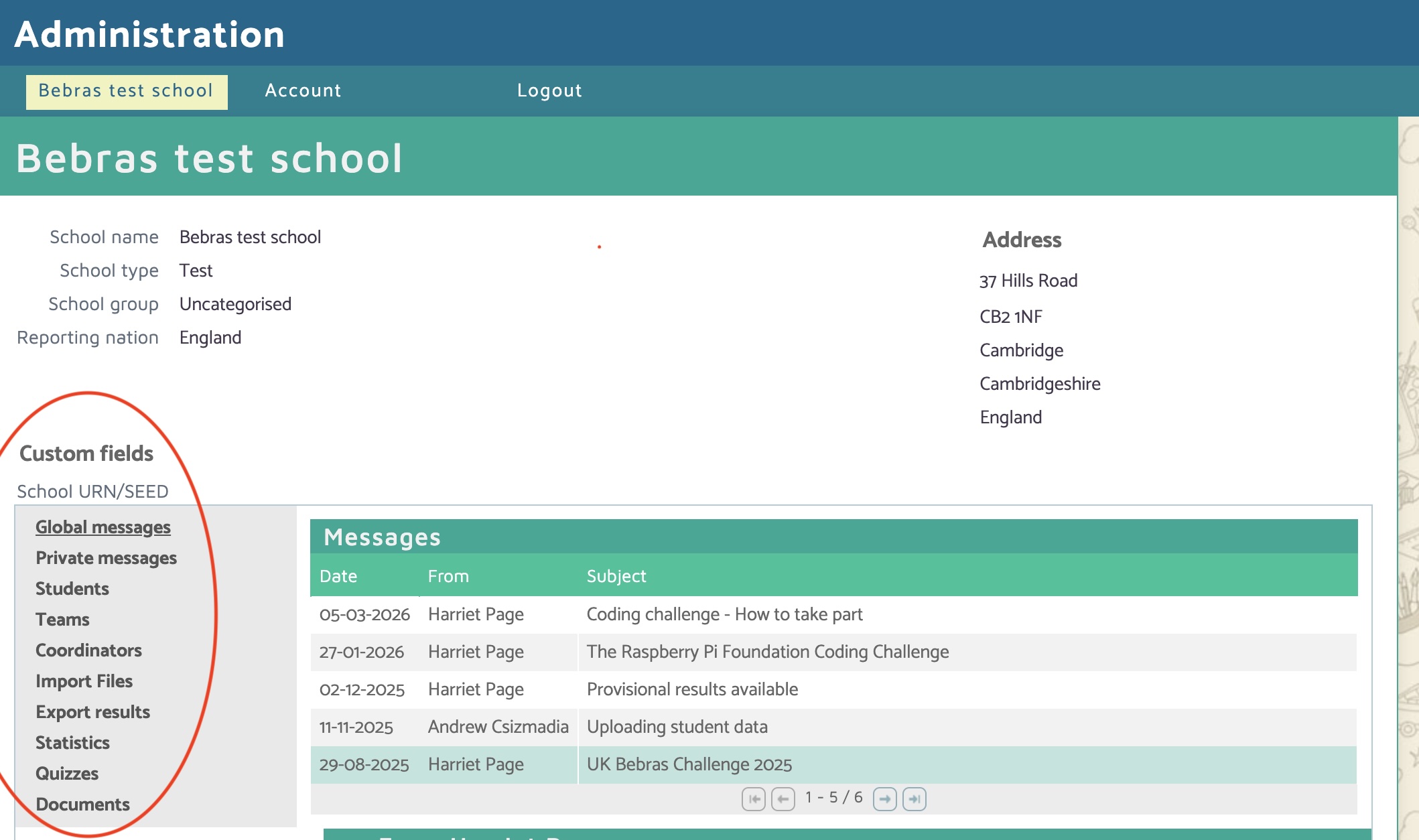 Admin menu highlighted