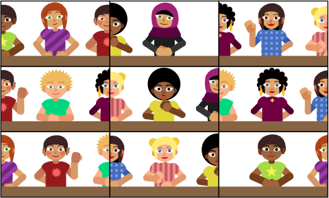 A grid of nine video call windows, each showing a student sitting at a computer in front of the same long desk.