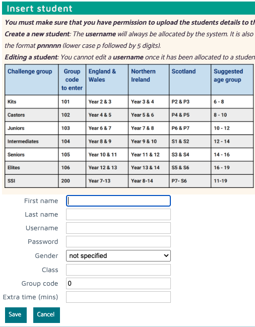 Insert student menu